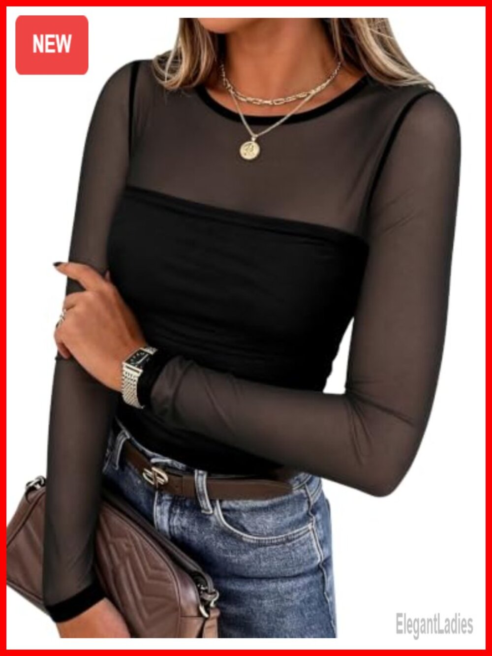 Long Sleeve Mesh Blouse Sheer Round Neck Pleated Fit Party Top